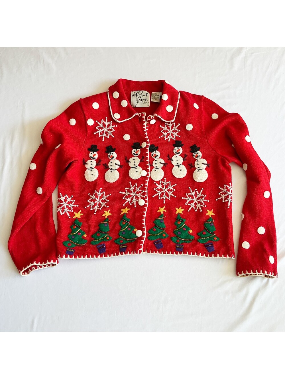 Michael Simon Vintage Red Holiday Christmas Sweater Snowman Beaded Knit Medium